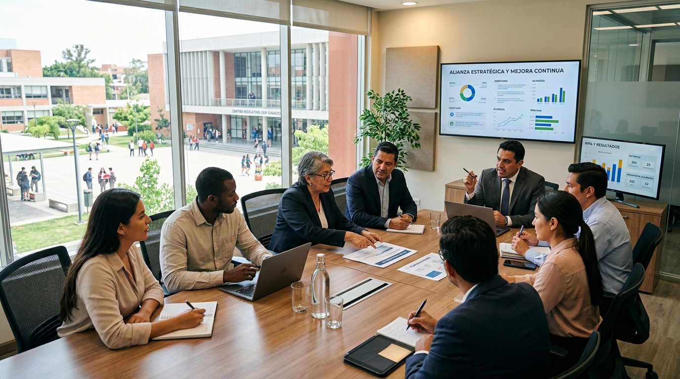 Equipo consultor de SEA Global trabajando con representantes de empresas e instituciones educativas
